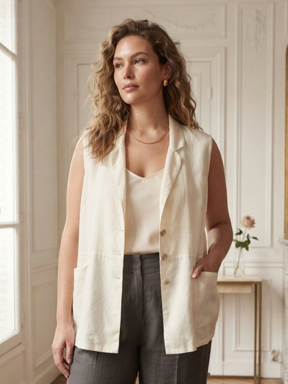 Coldwater Creek Cream 100% Linen Sleeveless Button-Front Tunic Vest Sz 3X